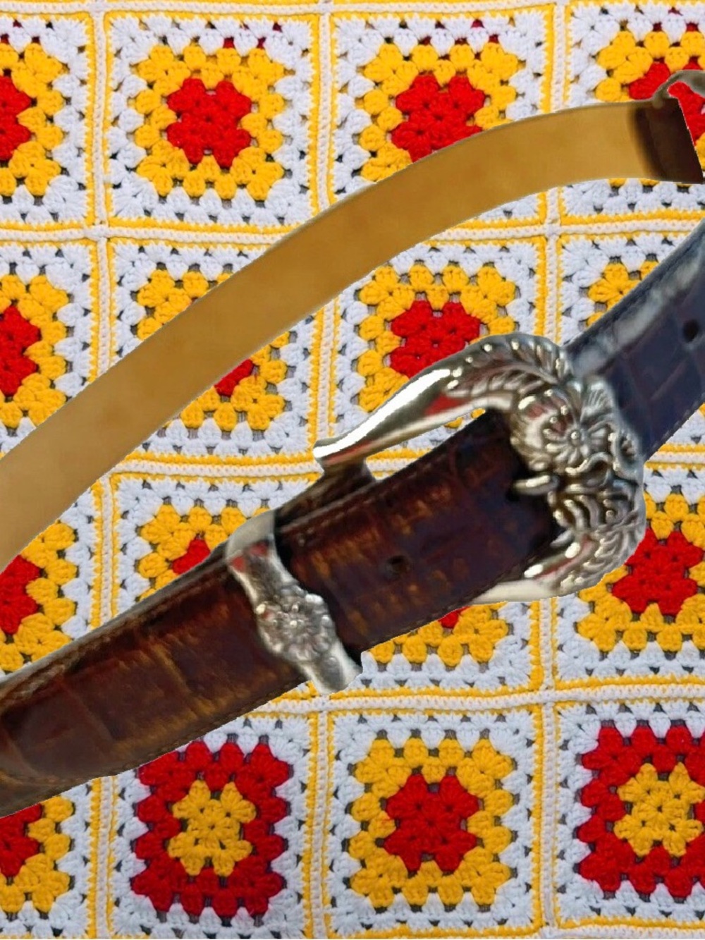 Brighton Vintage Belt Brown Embossed Croc Floral Hardware 24809 Size M